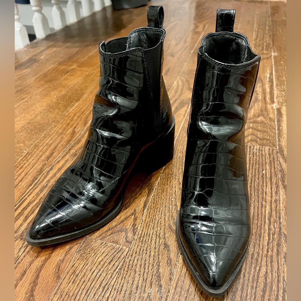Black Croc-Embossed Ankle Boots